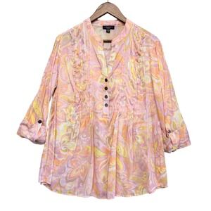 Cocomo Tunic Top Women Plus Sz 1X Floral Pintuck Roll Tab Feminine Abstract Offi